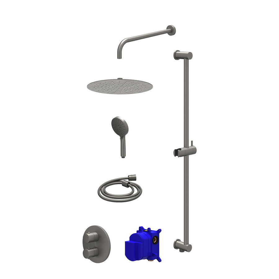 IVY Regendoucheset inbouwthermostaatkraan met 2-weg stop-omstel, wandarm, R30cmSL, glijstang met uitlaat, doucheslang 150cm en 3-standen handdouche – Gebr. metal black PVD