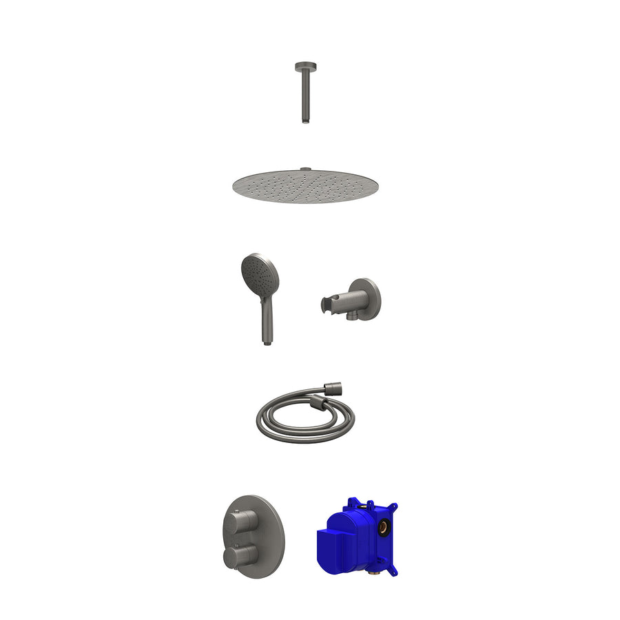 IVY Regendoucheset inbouwthermostaatkraan met 2-weg stop-omstel, plafondbuis 15cm, R30cmSL, houder met uitlaat, doucheslang 150cm en 3-standen handdouche – Gebr. metal black PVD