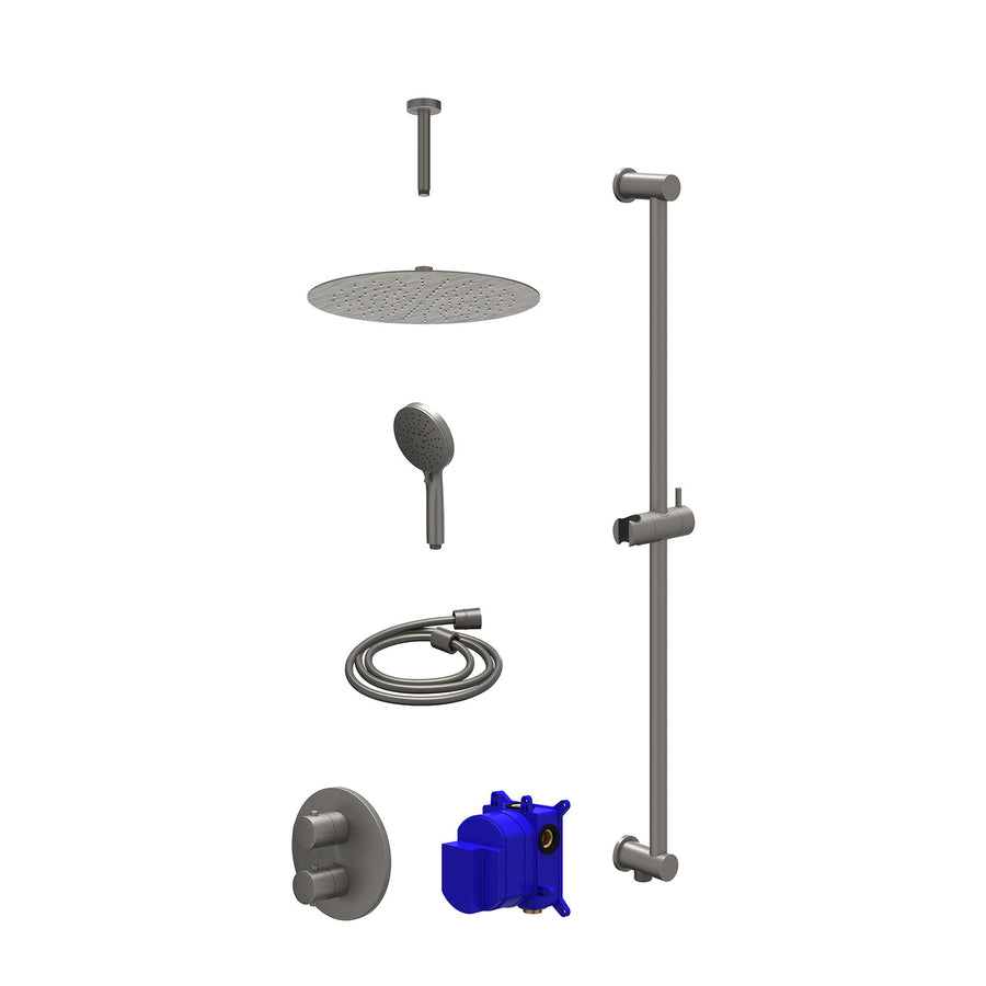 IVY Regendoucheset inbouwthermostaatkraan met 2-weg stop-omstel, plafondbuis 15cm, R30cmSL, glijstang met uitlaat, doucheslang 150cm en 3-standen handdouche – Gebr. metal black PVD