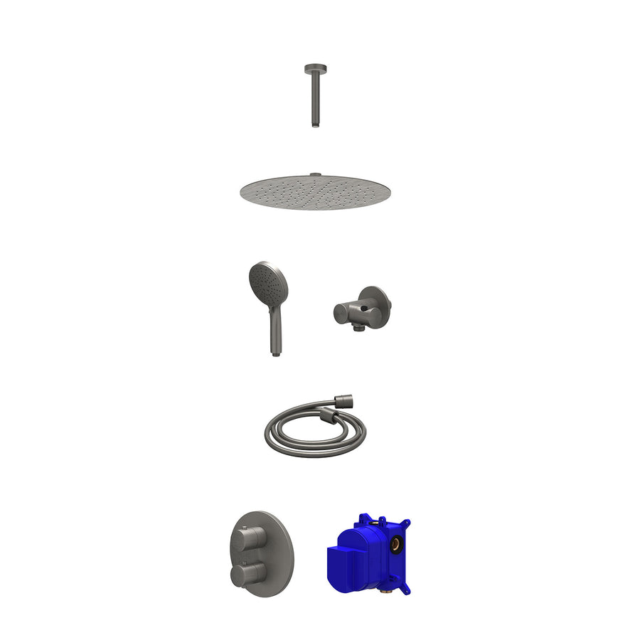 IVY Regendoucheset inbouwthermostaatkraan met 2-weg stop-omstel, plafondbuis 15cm, R30cmSL, verstelbare steun met geïnt. uitlaat, doucheslang 150cm en 3-standen handdouche – Gebr. 