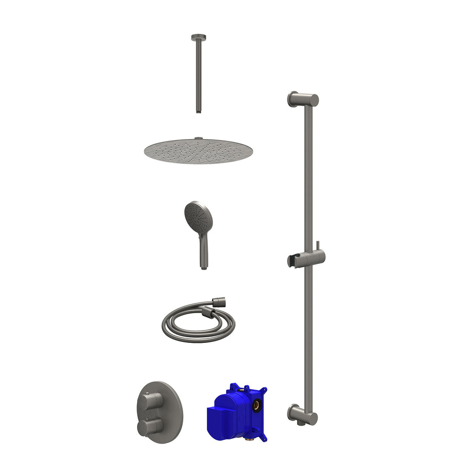IVY Regendoucheset inbouwthermostaatkraan met 2-weg stop-omstel, plafondbuis 30cm, R30cmSL, glijstang met uitlaat, doucheslang 150cm en 3-standen handdouche – Gebr. metal black PVD