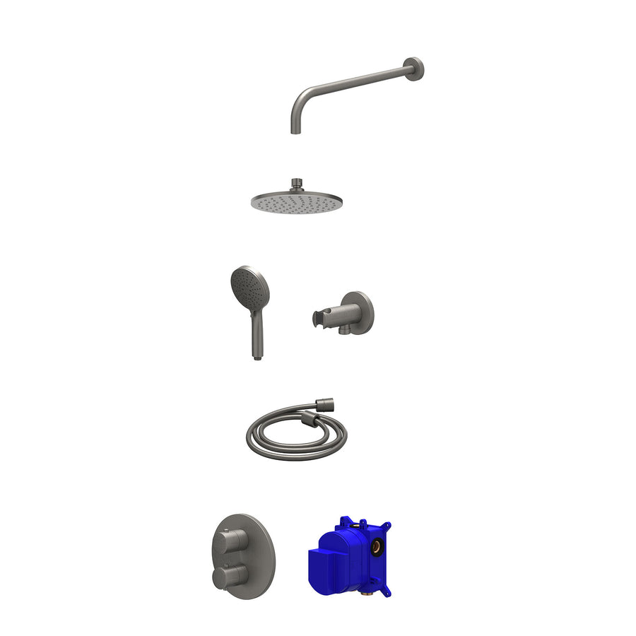 IVY Regendoucheset inbouwthermostaatkraan met 2-weg stop-omstel, wandarm, R20cmME, houder met uitlaat, doucheslang 150cm en 3-standen handdouche – Gebr. metal black PVD
