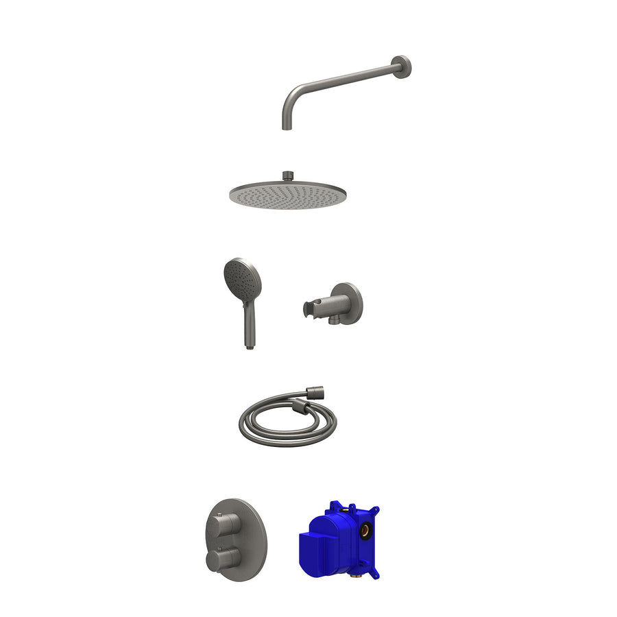 IVY Regendoucheset inbouwthermostaatkraan met 2-weg stop-omstel, wandarm, R25cmME, houder met uitlaat, doucheslang 150cm en 3-standen handdouche – Gebr. metal black PVD