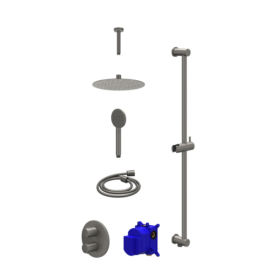 IVY Regendoucheset inbouwthermostaatkraan met 2-weg stop-omstel, plafondbuis 15cm, R25cmSL, glijstang met uitlaat, doucheslang 150cm en satin spray handdouche – Gebr. metal black P
