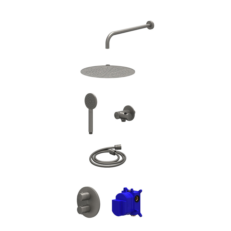 IVY Regendoucheset inbouwthermostaatkraan met 2-weg stop-omstel, wandarm, R30cmSL, verstelbare steun met geïnt. uitlaat, doucheslang 150cm en satin spray handdouche – Gebr. metal b