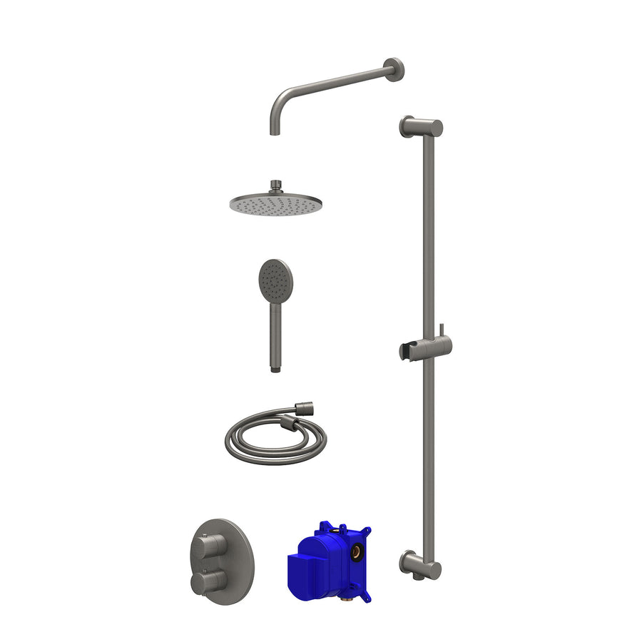 IVY Regendoucheset inbouwthermostaatkraan met 2-weg stop-omstel, wandarm, R20cmME, glijstang met uitlaat, doucheslang 150cm en satin spray handdouche – Gebr. metal black PVD