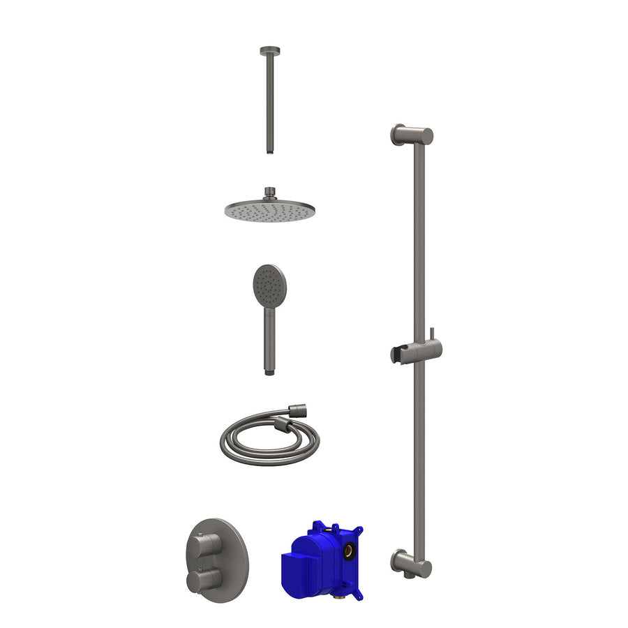 IVY Regendoucheset inbouwthermostaatkraan met 2-weg stop-omstel, plafondbuis 30cm, R20cmME, glijstang met uitlaat, doucheslang 150cm en satin spray handdouche – Gebr. metal black P