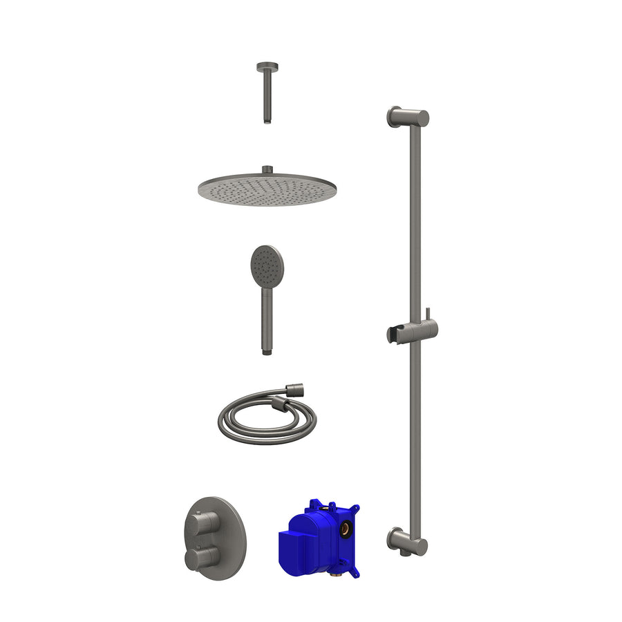IVY Regendoucheset inbouwthermostaatkraan met 2-weg stop-omstel, plafondbuis 15cm, R30cmME, glijstang met uitlaat, doucheslang 150cm en satin spray handdouche – Gebr. metal black P