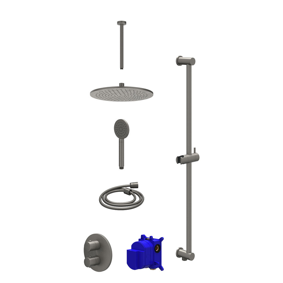 IVY Regendoucheset inbouwthermostaatkraan met 2-weg stop-omstel, plafondbuis 30cm, R30cmME, glijstang met uitlaat, doucheslang 150cm en satin spray handdouche – Gebr. metal black P