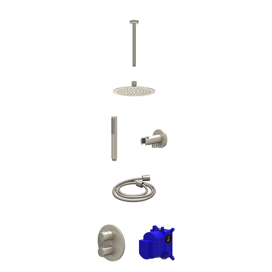 IVY Regendoucheset inbouwthermostaatkraan met 2-weg stop-omstel, plafondbuis 30cm, R20cmSL, houder met uitlaat, doucheslang 150cm en staafmodel – Gebr. nickel PVD