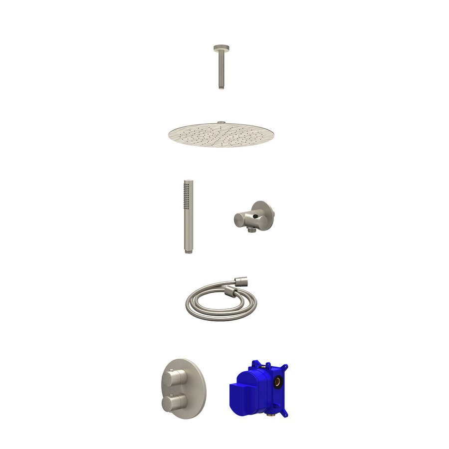 IVY Regendoucheset inbouwthermostaatkraan met 2-weg stop-omstel, plafondbuis 15cm, R30cmSL, verstelbare steun met geïnt. uitlaat, doucheslang 150cm en staafmodel – Gebr. nickel PVD