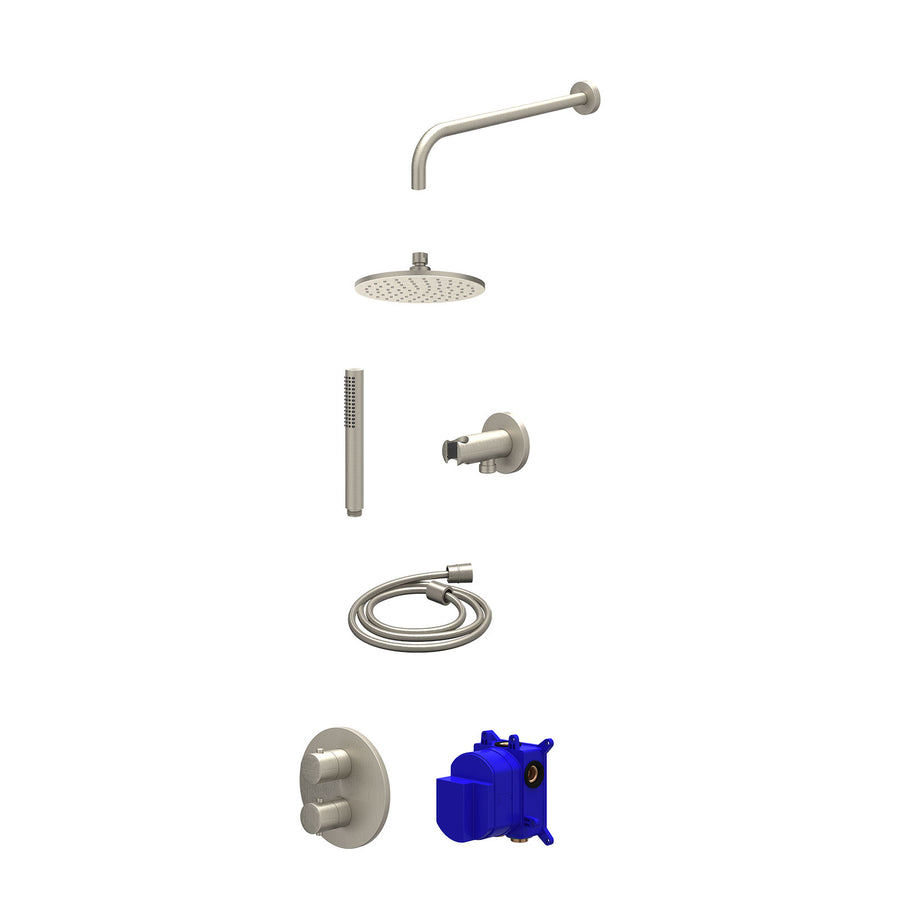 IVY Regendoucheset inbouwthermostaatkraan met 2-weg stop-omstel, wandarm, R20cmME, houder met uitlaat, doucheslang 150cm en staafmodel – Gebr. nickel PVD