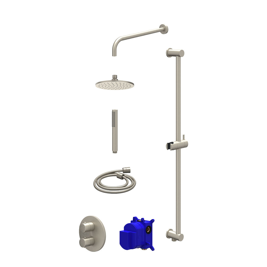 IVY Regendoucheset inbouwthermostaatkraan met 2-weg stop-omstel, wandarm, R20cmME, glijstang met uitlaat, doucheslang 150cm en staafmodel – Gebr. nickel PVD