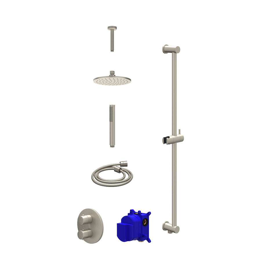 IVY Regendoucheset inbouwthermostaatkraan met 2-weg stop-omstel, plafondbuis 15cm, R20cmME, glijstang met uitlaat, doucheslang 150cm en staafmodel – Gebr. nickel PVD