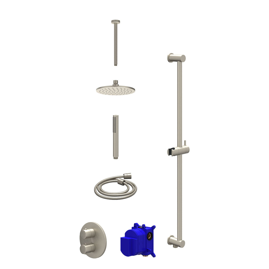 IVY Regendoucheset inbouwthermostaatkraan met 2-weg stop-omstel, plafondbuis 30cm, R20cmME, glijstang met uitlaat, doucheslang 150cm en staafmodel – Gebr. nickel PVD