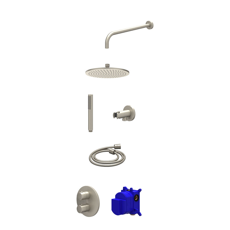 IVY Regendoucheset inbouwthermostaatkraan met 2-weg stop-omstel, wandarm, R25cmME, houder met uitlaat, doucheslang 150cm en staafmodel – Gebr. nickel PVD