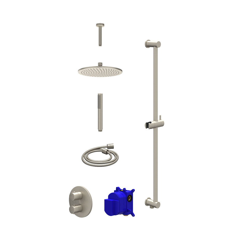 IVY Regendoucheset inbouwthermostaatkraan met 2-weg stop-omstel, plafondbuis 15cm, R25cmME, glijstang met uitlaat, doucheslang 150cm en staafmodel – Gebr. nickel PVD