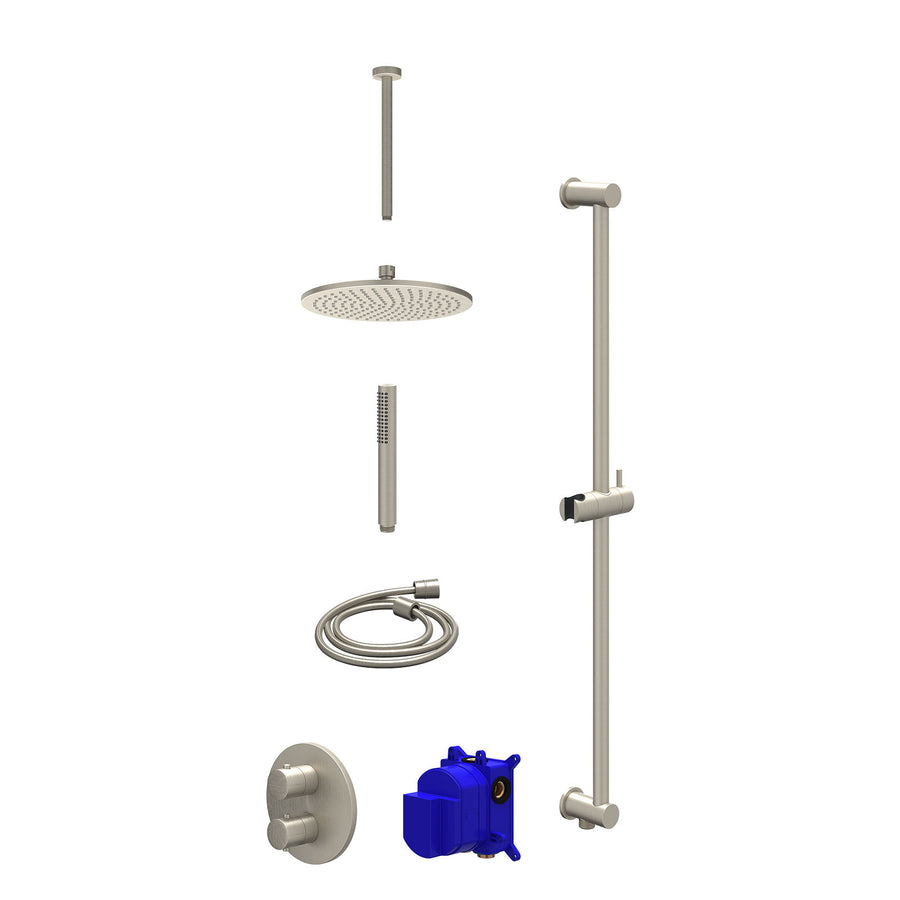 IVY Regendoucheset inbouwthermostaatkraan met 2-weg stop-omstel, plafondbuis 30cm, R25cmME, glijstang met uitlaat, doucheslang 150cm en staafmodel – Gebr. nickel PVD