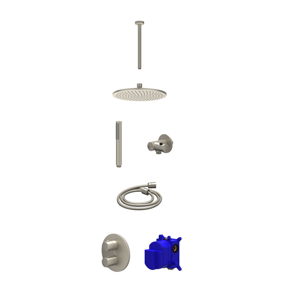 IVY Regendoucheset inbouwthermostaatkraan met 2-weg stop-omstel, plafondbuis 30cm, R25cmME, verstelbare steun met geïnt. uitlaat, doucheslang 150cm en staafmodel – Gebr. nickel PVD