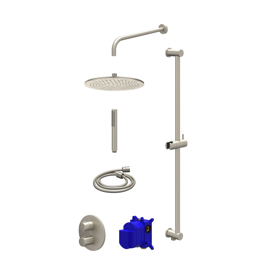 IVY Regendoucheset inbouwthermostaatkraan met 2-weg stop-omstel, wandarm, R30cmME, glijstang met uitlaat, doucheslang 150cm en staafmodel – Gebr. nickel PVD