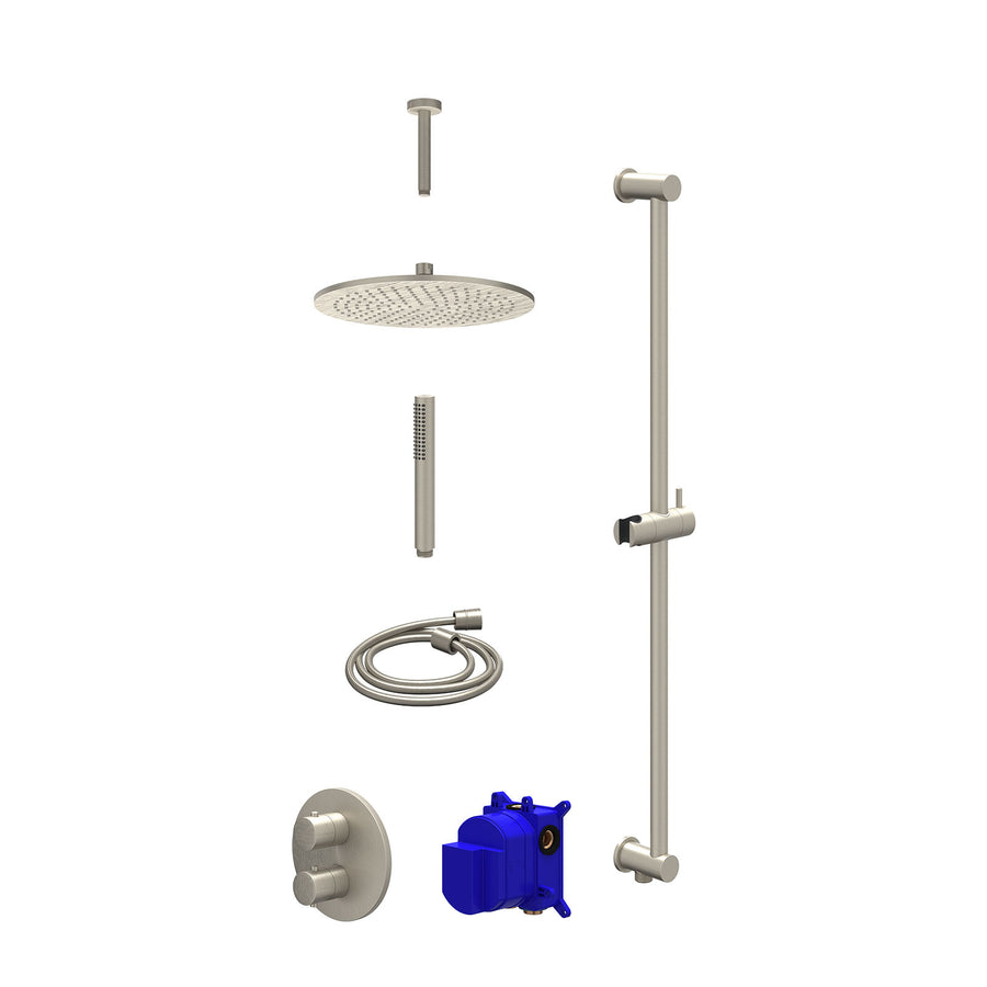 IVY Regendoucheset inbouwthermostaatkraan met 2-weg stop-omstel, plafondbuis 15cm, R30cmME, glijstang met uitlaat, doucheslang 150cm en staafmodel – Gebr. nickel PVD