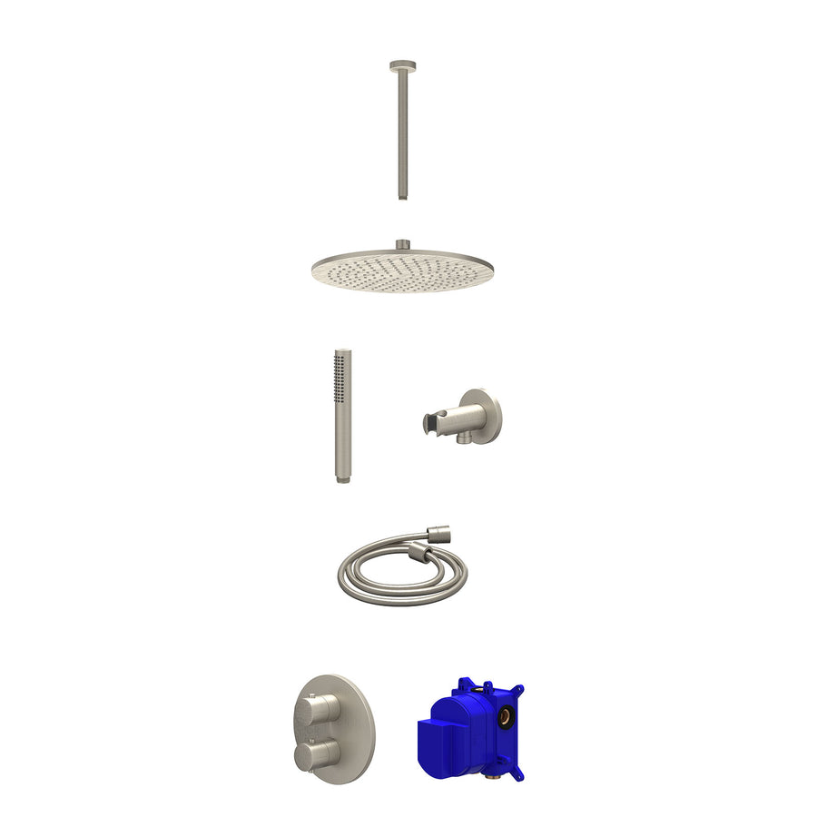 IVY Regendoucheset inbouwthermostaatkraan met 2-weg stop-omstel, plafondbuis 30cm, R30cmME, houder met uitlaat, doucheslang 150cm en staafmodel – Gebr. nickel PVD