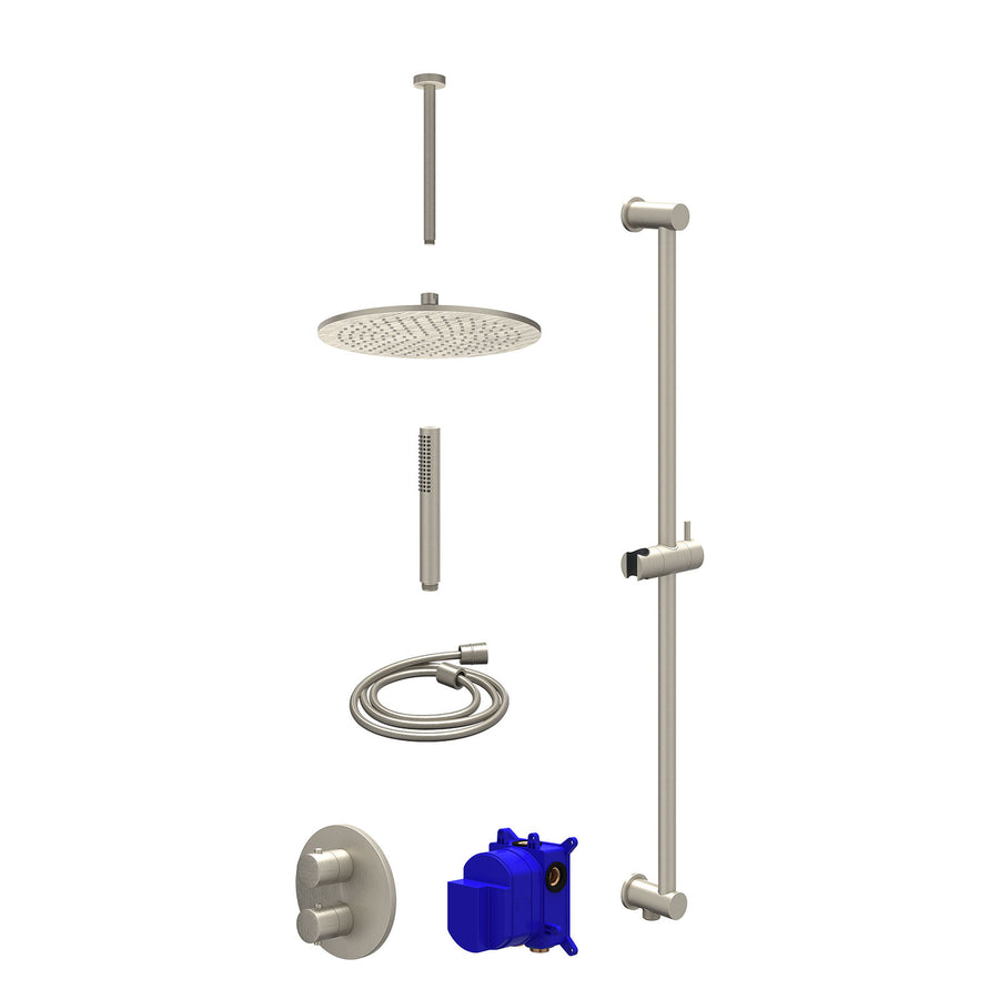 IVY Regendoucheset inbouwthermostaatkraan met 2-weg stop-omstel, plafondbuis 30cm, R30cmME, glijstang met uitlaat, doucheslang 150cm en staafmodel – Gebr. nickel PVD