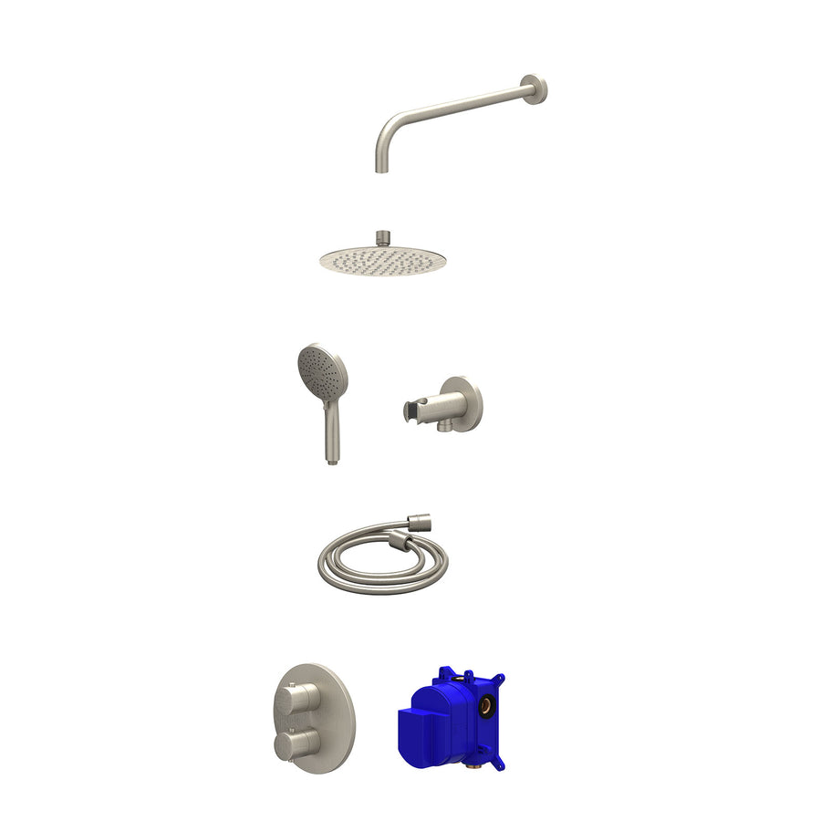 IVY Regendoucheset inbouwthermostaatkraan met 2-weg stop-omstel, wandarm, R20cmSL, houder met uitlaat, doucheslang 150cm en 3-standen handdouche – Gebr. nickel PVD