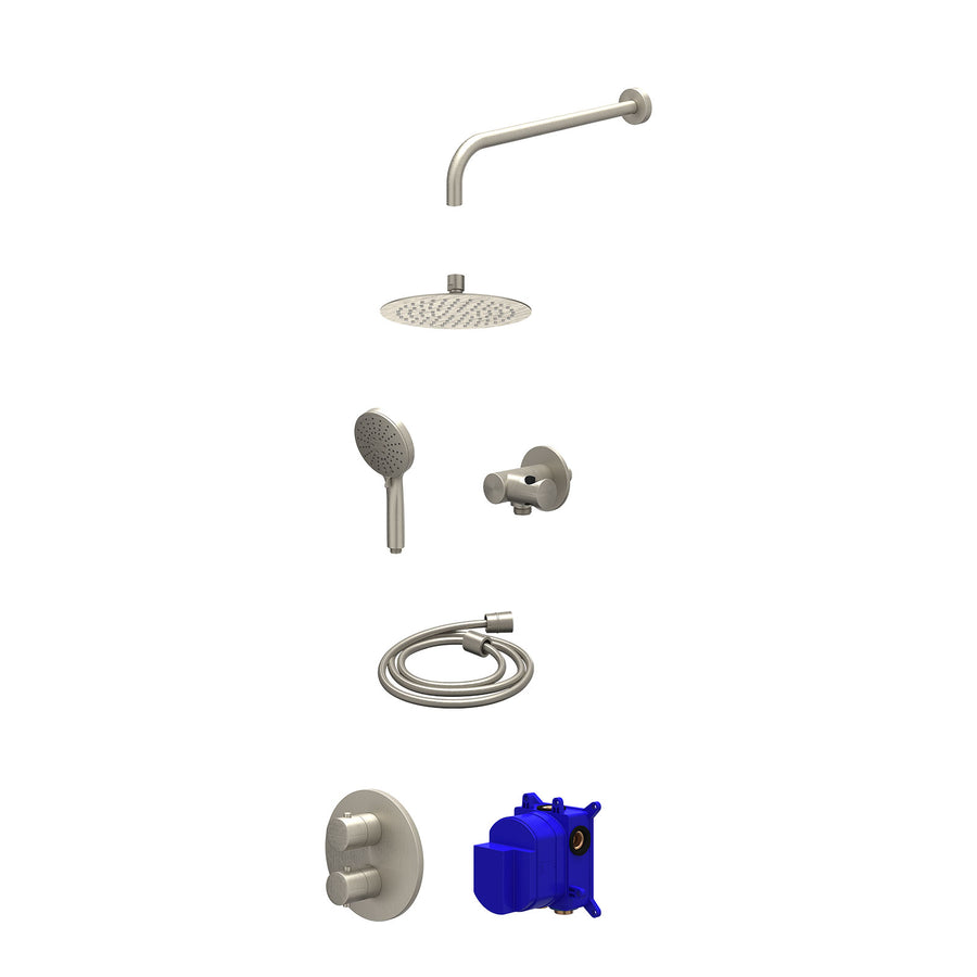 IVY Regendoucheset inbouwthermostaatkraan met 2-weg stop-omstel, wandarm, R20cmSL, verstelbare steun met geïnt. uitlaat, doucheslang 150cm en 3-standen handdouche – Gebr. nickel PV