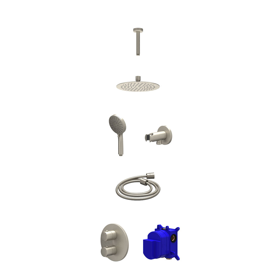 IVY Regendoucheset inbouwthermostaatkraan met 2-weg stop-omstel, plafondbuis 15cm, R20cmSL, houder met uitlaat, doucheslang 150cm en 3-standen handdouche – Gebr. nickel PVD