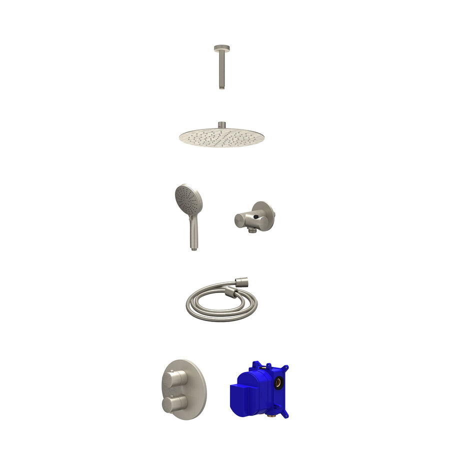 IVY Regendoucheset inbouwthermostaatkraan met 2-weg stop-omstel, plafondbuis 15cm, R25cmSL, verstelbare steun met geïnt. uitlaat, doucheslang 150cm en 3-standen handdouche – Gebr. 