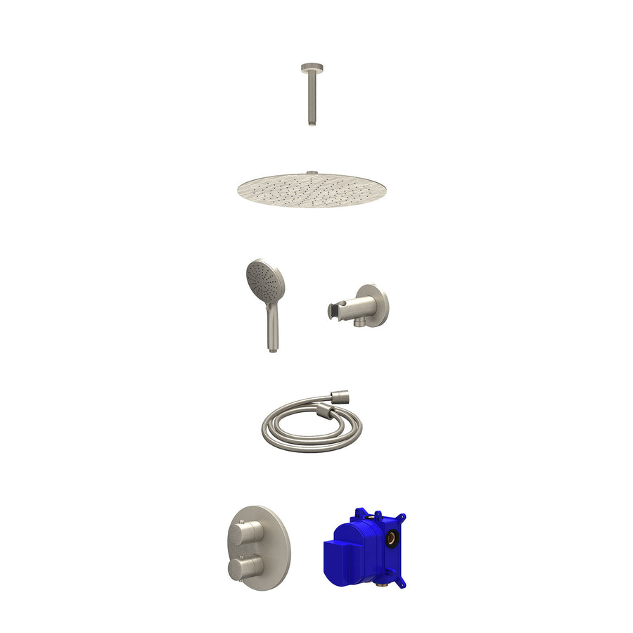 IVY Regendoucheset inbouwthermostaatkraan met 2-weg stop-omstel, plafondbuis 15cm, R30cmSL, houder met uitlaat, doucheslang 150cm en 3-standen handdouche – Gebr. nickel PVD
