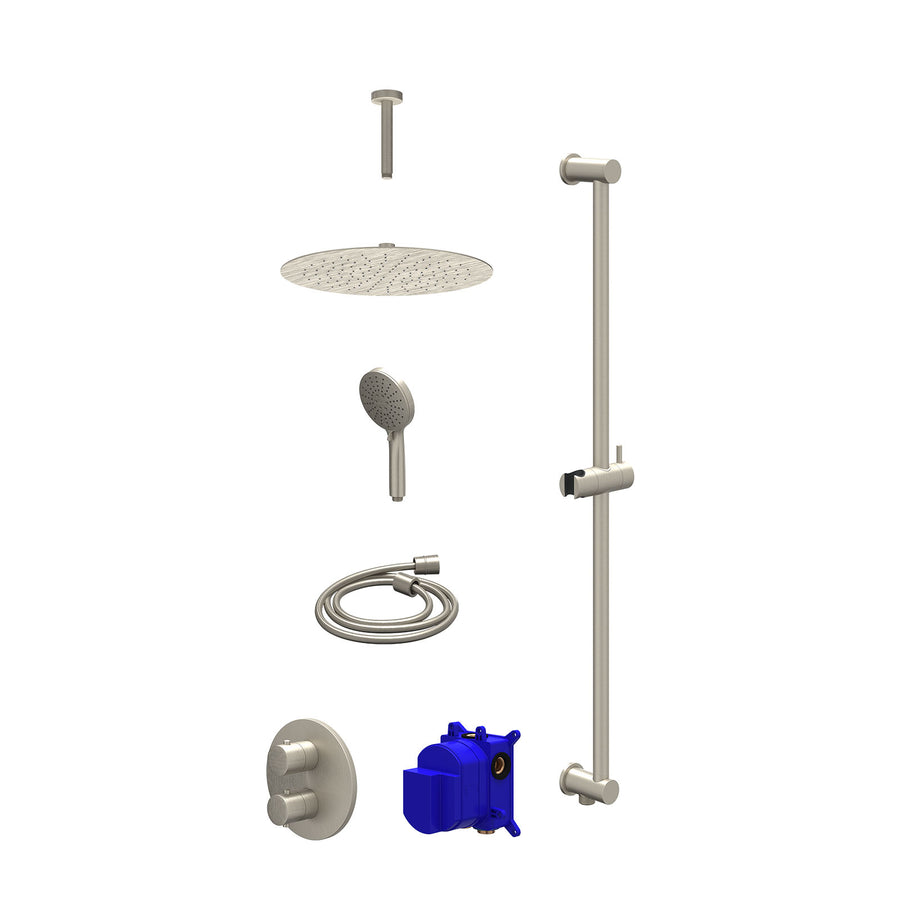 IVY Regendoucheset inbouwthermostaatkraan met 2-weg stop-omstel, plafondbuis 15cm, R30cmSL, glijstang met uitlaat, doucheslang 150cm en 3-standen handdouche – Gebr. nickel PVD