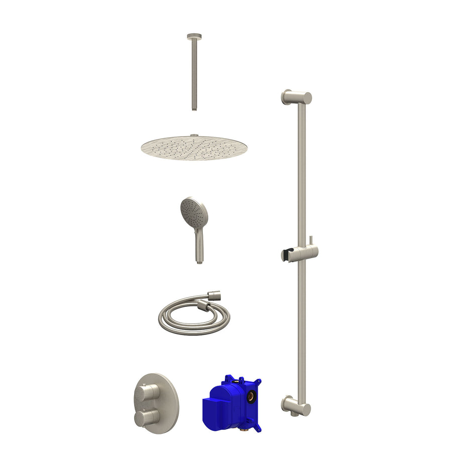 IVY Regendoucheset inbouwthermostaatkraan met 2-weg stop-omstel, plafondbuis 30cm, R30cmSL, glijstang met uitlaat, doucheslang 150cm en 3-standen handdouche – Gebr. nickel PVD