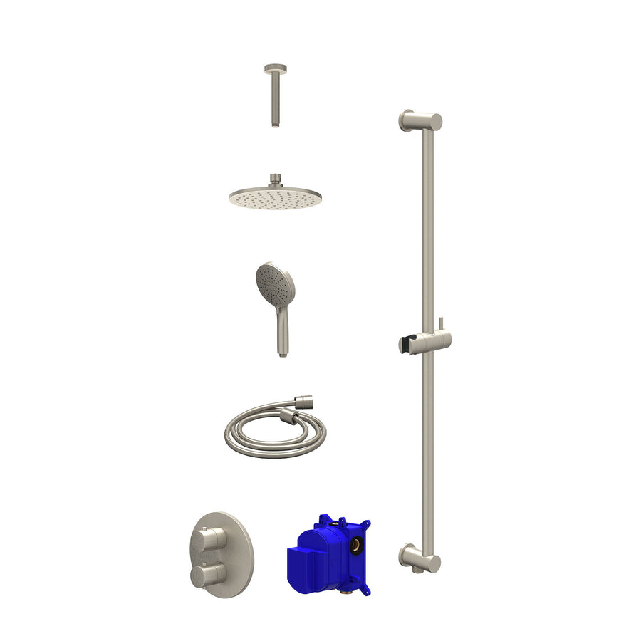 IVY Regendoucheset inbouwthermostaatkraan met 2-weg stop-omstel, plafondbuis 15cm, R20cmME, glijstang met uitlaat, doucheslang 150cm en 3-standen handdouche – Gebr. nickel PVD