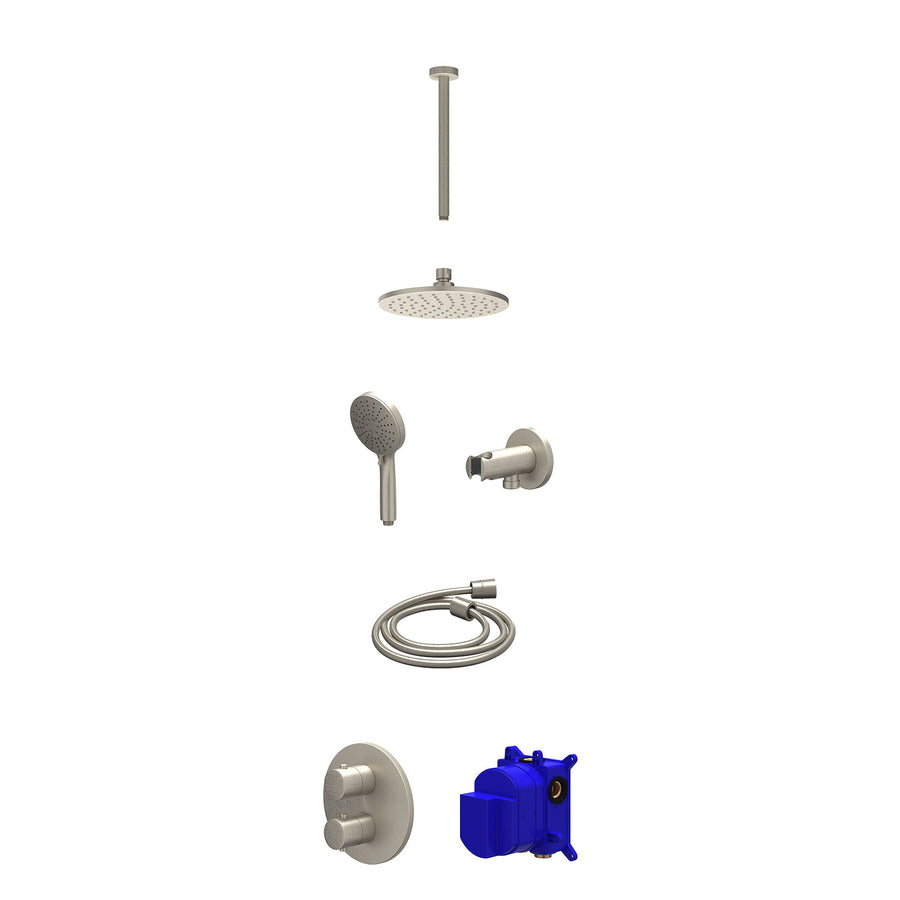 IVY Regendoucheset inbouwthermostaatkraan met 2-weg stop-omstel, plafondbuis 30cm, R20cmME, houder met uitlaat, doucheslang 150cm en 3-standen handdouche – Gebr. nickel PVD