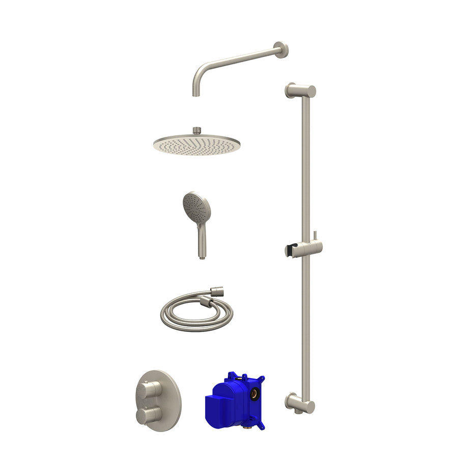 IVY Regendoucheset inbouwthermostaatkraan met 2-weg stop-omstel, wandarm, R25cmME, glijstang met uitlaat, doucheslang 150cm en 3-standen handdouche – Gebr. nickel PVD