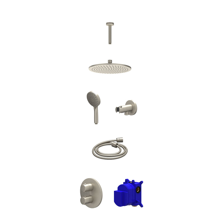 IVY Regendoucheset inbouwthermostaatkraan met 2-weg stop-omstel, plafondbuis 15cm, R25cmME, houder met uitlaat, doucheslang 150cm en 3-standen handdouche – Gebr. nickel PVD