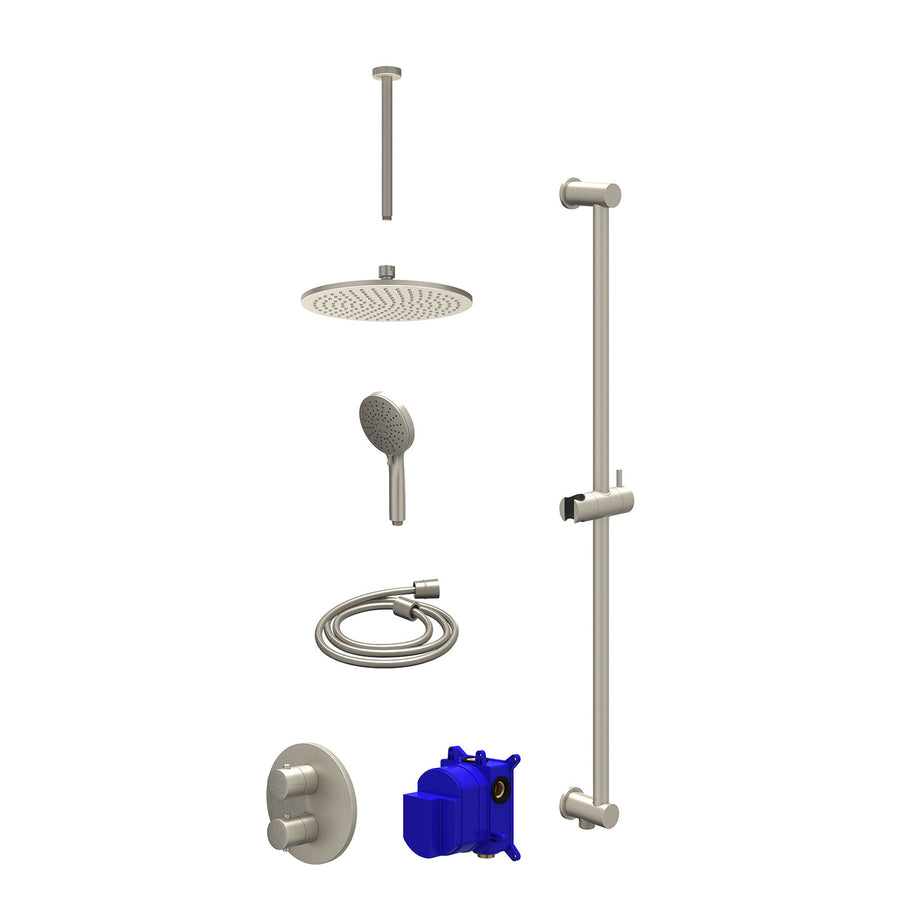 IVY Regendoucheset inbouwthermostaatkraan met 2-weg stop-omstel, plafondbuis 30cm, R25cmME, glijstang met uitlaat, doucheslang 150cm en 3-standen handdouche – Gebr. nickel PVD