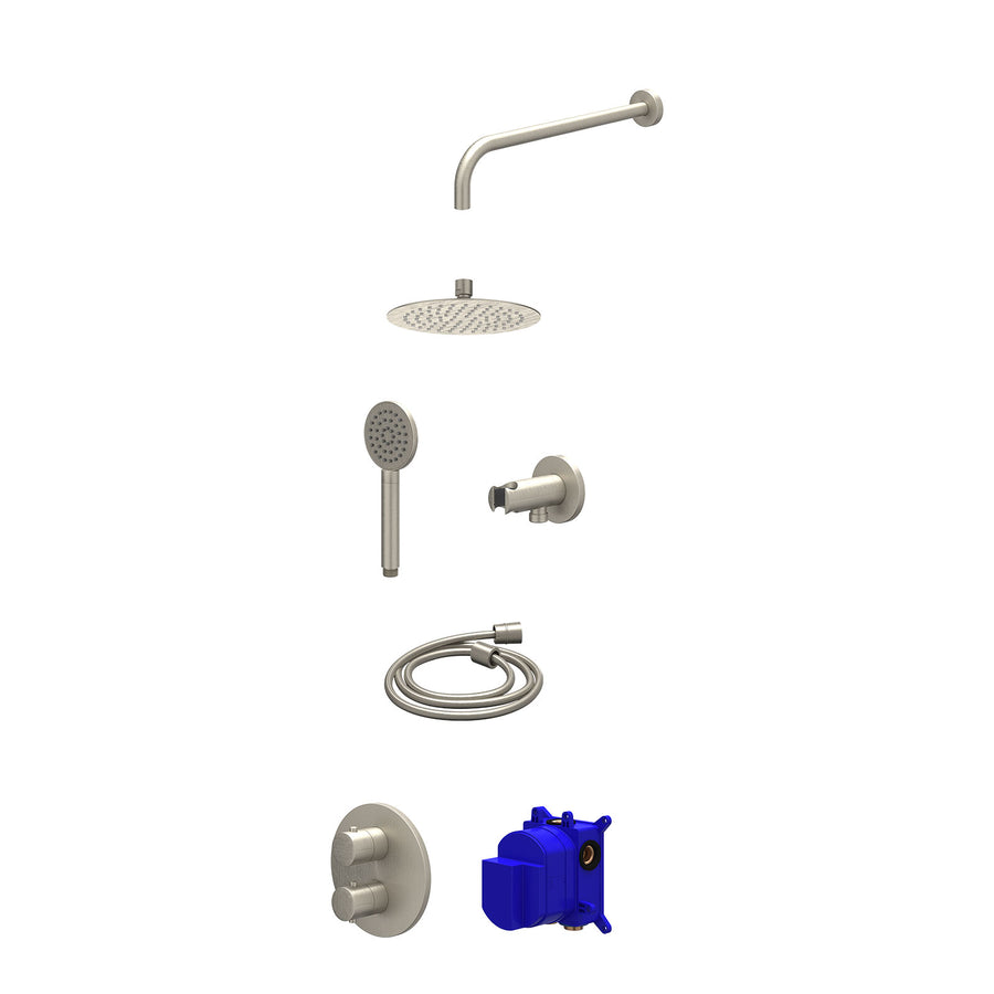 IVY Regendoucheset inbouwthermostaatkraan met 2-weg stop-omstel, wandarm, R20cmSL, houder met uitlaat, doucheslang 150cm en satin spray handdouche – Gebr. nickel PVD