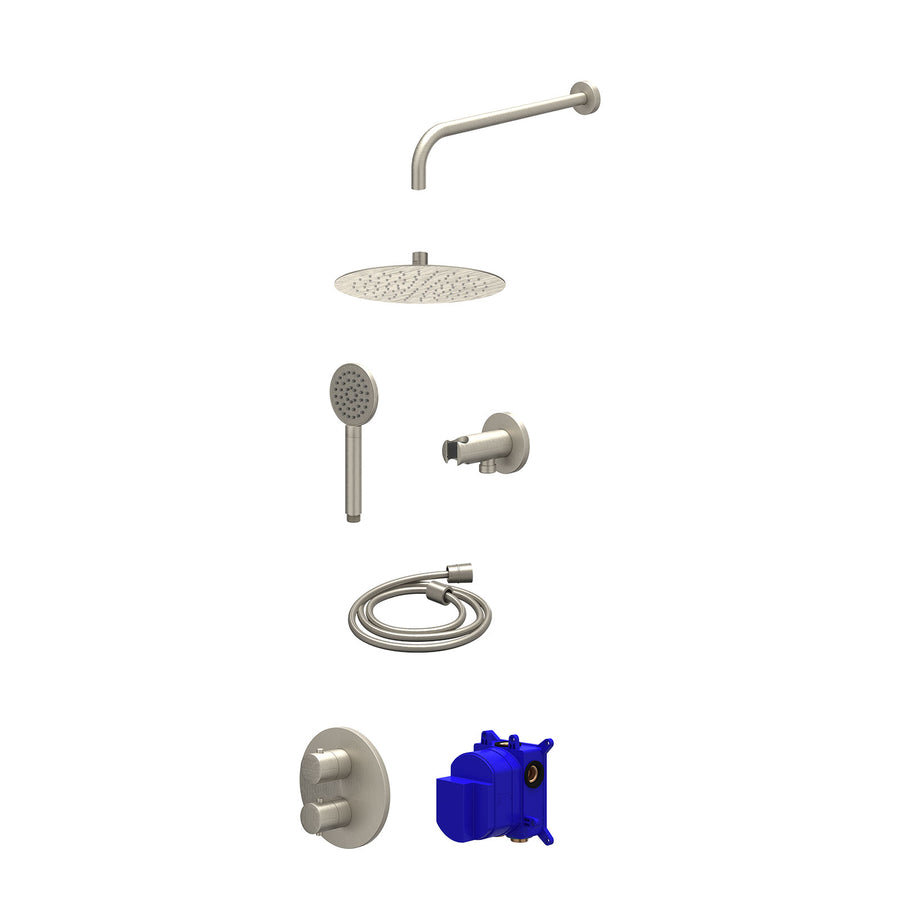 IVY Regendoucheset inbouwthermostaatkraan met 2-weg stop-omstel, wandarm, R25cmSL, houder met uitlaat, doucheslang 150cm en satin spray handdouche – Gebr. nickel PVD