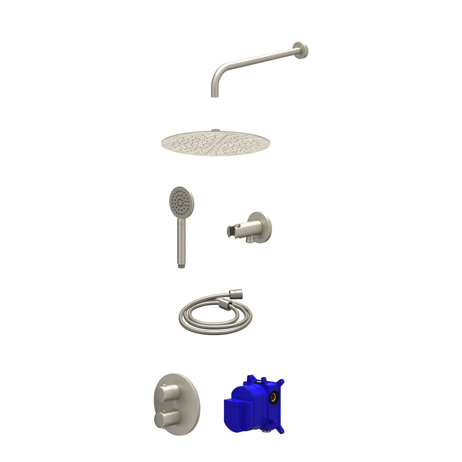 IVY Regendoucheset inbouwthermostaatkraan met 2-weg stop-omstel, wandarm, R30cmSL, houder met uitlaat, doucheslang 150cm en satin spray handdouche – Gebr. nickel PVD