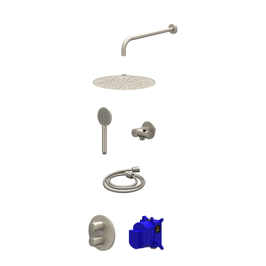 IVY Regendoucheset inbouwthermostaatkraan met 2-weg stop-omstel, wandarm, R30cmSL, verstelbare steun met geïnt. uitlaat, doucheslang 150cm en satin spray handdouche – Gebr. nickel 