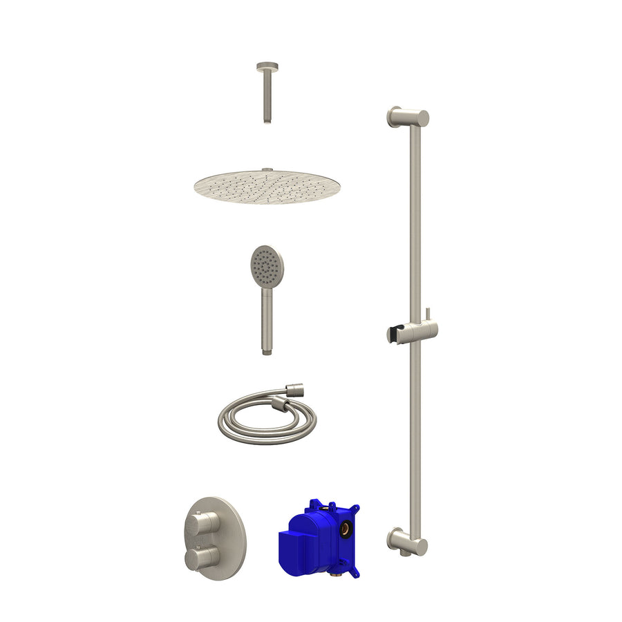 IVY Regendoucheset inbouwthermostaatkraan met 2-weg stop-omstel, plafondbuis 15cm, R30cmSL, glijstang met uitlaat, doucheslang 150cm en satin spray handdouche – Gebr. nickel PVD