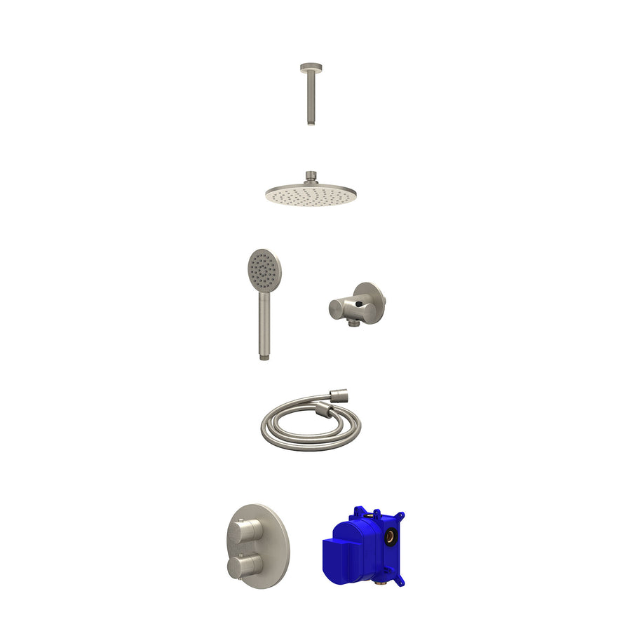 IVY Regendoucheset inbouwthermostaatkraan met 2-weg stop-omstel, plafondbuis 15cm, R20cmME, verstelbare steun met geïnt. uitlaat, doucheslang 150cm en satin spray handdouche – Gebr
