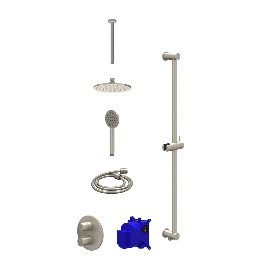 IVY Regendoucheset inbouwthermostaatkraan met 2-weg stop-omstel, plafondbuis 30cm, R20cmME, glijstang met uitlaat, doucheslang 150cm en satin spray handdouche – Gebr. nickel PVD