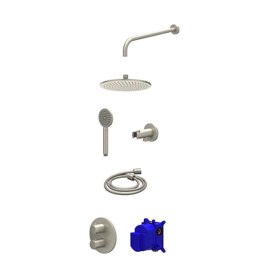 IVY Regendoucheset inbouwthermostaatkraan met 2-weg stop-omstel, wandarm, R25cmME, houder met uitlaat, doucheslang 150cm en satin spray handdouche – Gebr. nickel PVD