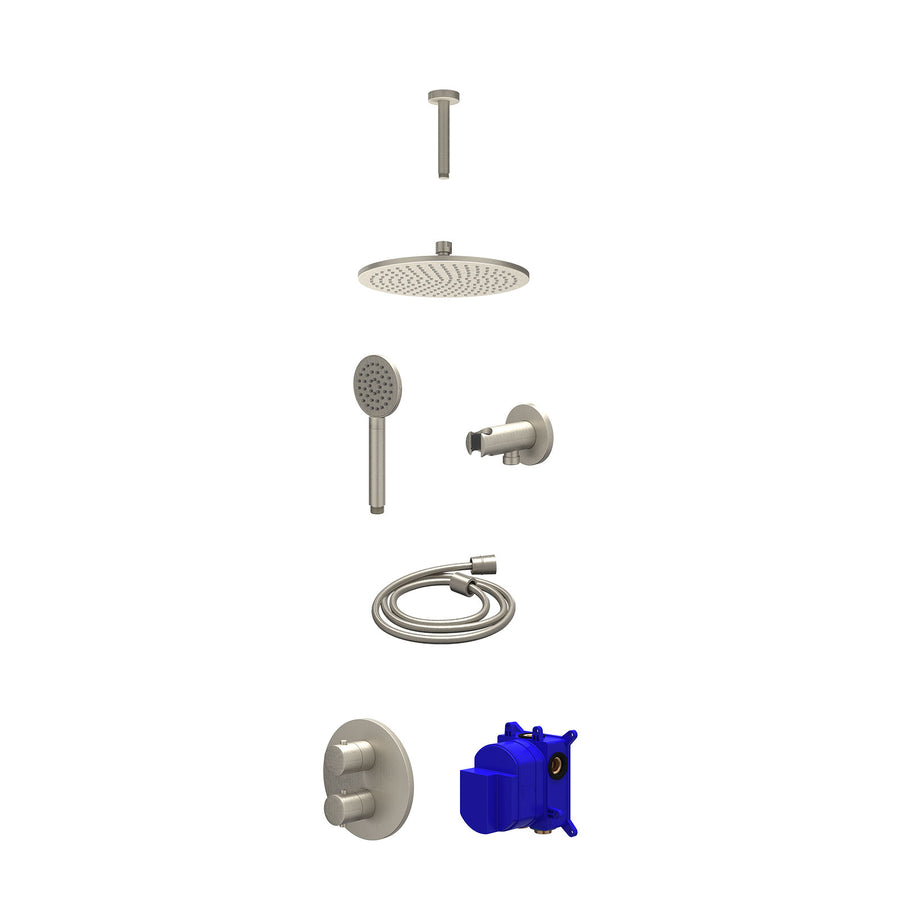 IVY Regendoucheset inbouwthermostaatkraan met 2-weg stop-omstel, plafondbuis 15cm, R25cmME, houder met uitlaat, doucheslang 150cm en satin spray handdouche – Gebr. nickel PVD