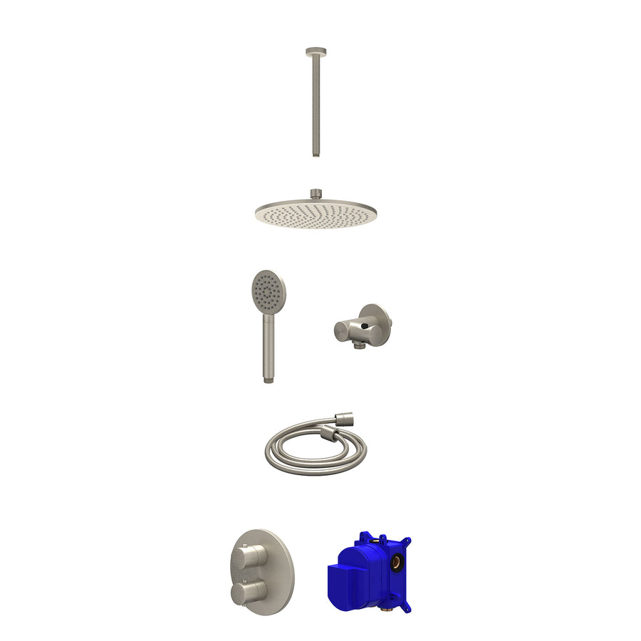 IVY Regendoucheset inbouwthermostaatkraan met 2-weg stop-omstel, plafondbuis 30cm, R25cmME, verstelbare steun met geïnt. uitlaat, doucheslang 150cm en satin spray handdouche – Gebr