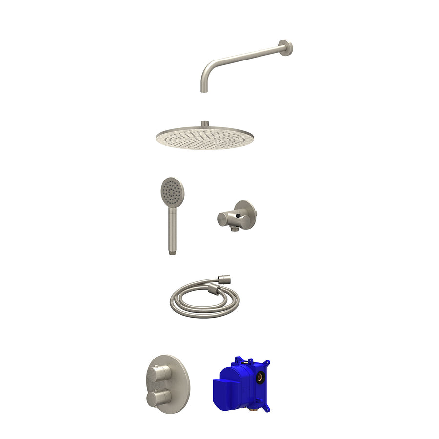 IVY Regendoucheset inbouwthermostaatkraan met 2-weg stop-omstel, wandarm, R30cmME, verstelbare steun met geïnt. uitlaat, doucheslang 150cm en satin spray handdouche – Gebr. nickel 